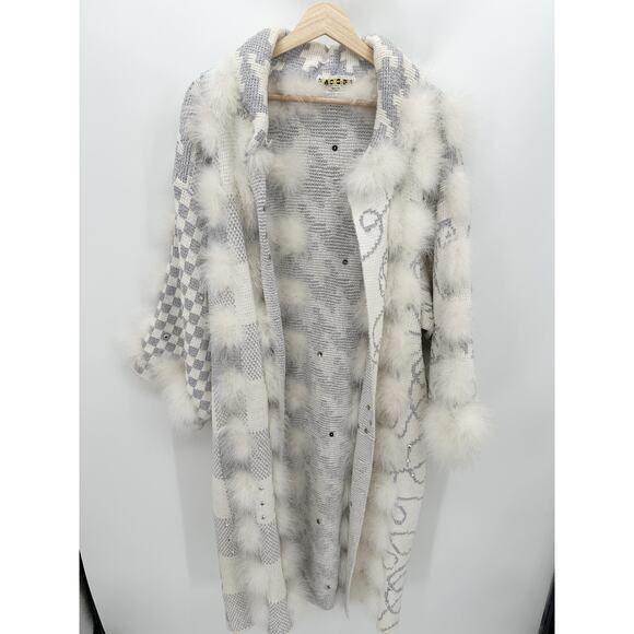 RANCOGJERRS Grey White Knit Long Sleeve Fuzzy Cardigan Jacket‎ Women's Large - Picture 1 of 14